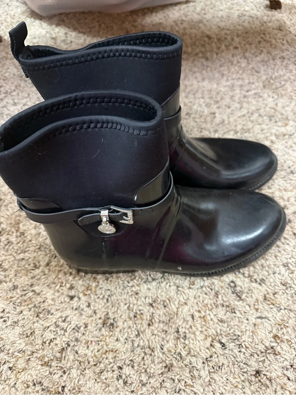 Michael Kors Classic Black Ankle Rain Boots with Decorative Buckle